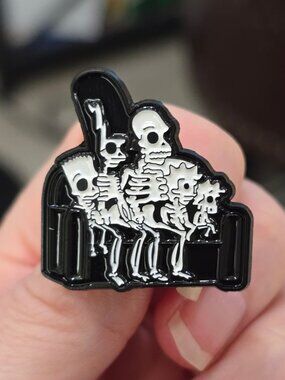 Skeleton Family ✦ Couch Scene Enamel Pin ✦ Black White Gothic Pop Culture Art